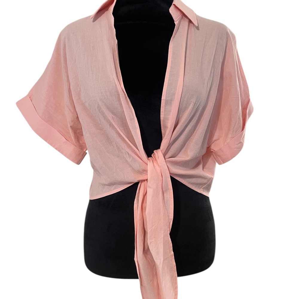 Summer Crop Top Short Sleeve Deep V Neck Sexy Front Tie Blouse,Peach,Large,New - Picture 9 of 9
